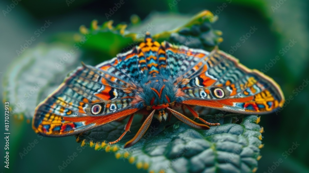 Poster brightly colored moth resting on a leaf, with detailed patterns on its wings.