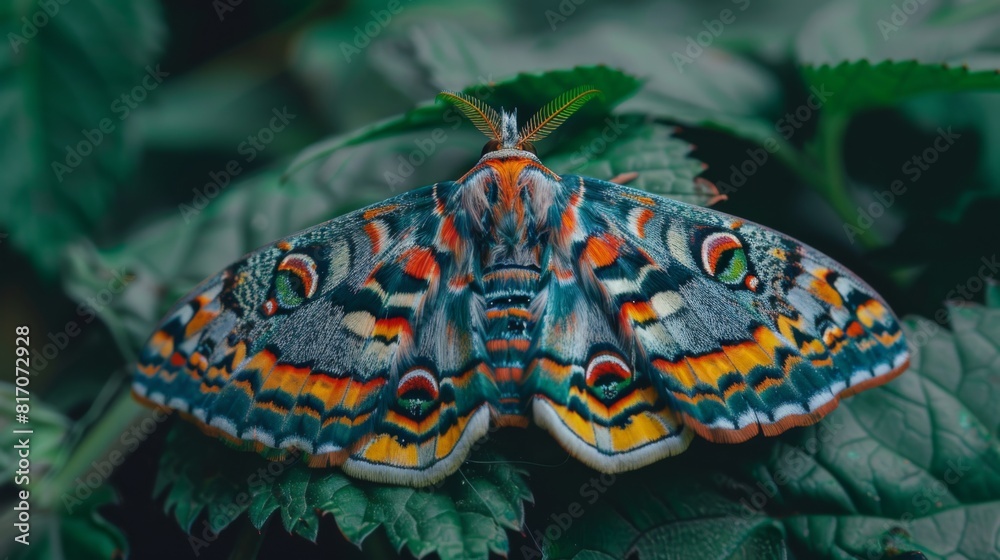 Poster brightly colored moth resting on a leaf, with detailed patterns on its wings.