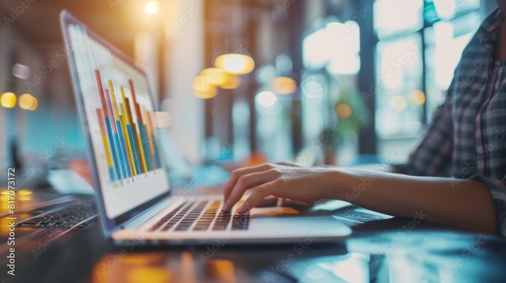 Aufkleber business professional analyzing a colorful bar graph on a laptop screen in a modern office setting.