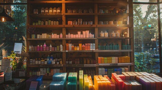 A rainbow array of artisanal soaps and candles gleam on wooden shelves backlit by windows at blue hour in an indie boutique, craftsmanship, inclusiveness, intentional design, ambient aesthetic,