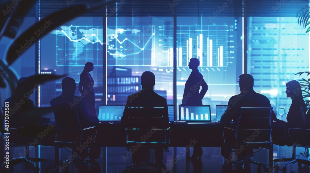 Aufkleber business team discussing a profitability graph on a large screen in a boardroom.