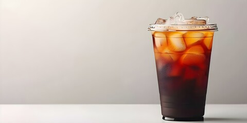 Iced coffee in a plastic cup on a white background. Concept Product Photography, Beverages, Iced Coffee, White Background, Plastic Cup