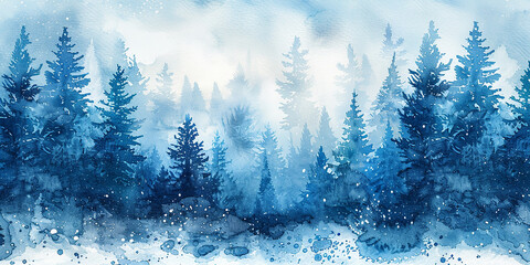 Watercolor panorama of the fir forest. Magical winter forest  