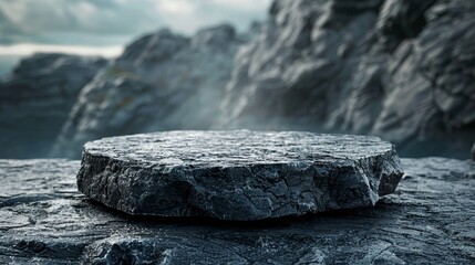 Black rock themed empty podium for exclusive launches selective focus realistic silhouette with coarse textures backdrop