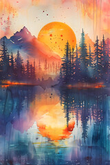 Glorious Sunrise/Sunset - A Vivid Watercolor Landscape Painting Evoking Serenity