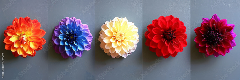 Aufkleber five vibrant dahlia flowers, each a different color, are arranged in a row on a plain gray backgroun
