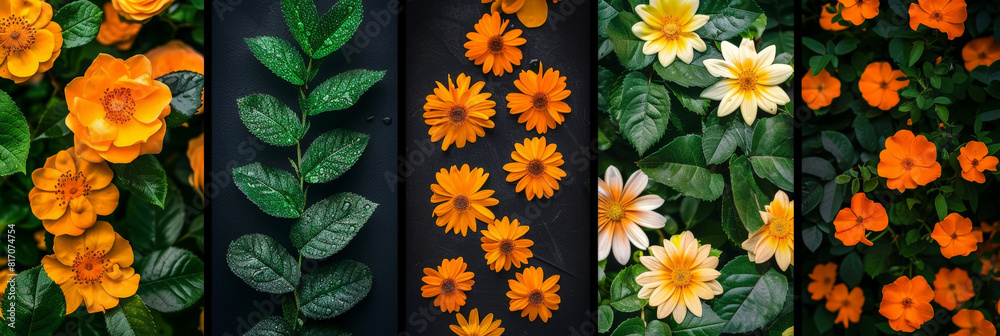 Poster a close-up, flat lay collage of four different types of flowers arranged in vertical sections on a b