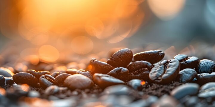 Illuminated Roasted Coffee Beans in Golden Light From Technology. Concept Coffee Roasting, Illumination, Technology, Golden Light, Coffee Beans