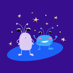 Naklejka premium Cute space aliens or monsters, happy and angry cosmic childrens characters. Print, illustration for kids textile, pack, fabric, wallpaper, wrapping. 