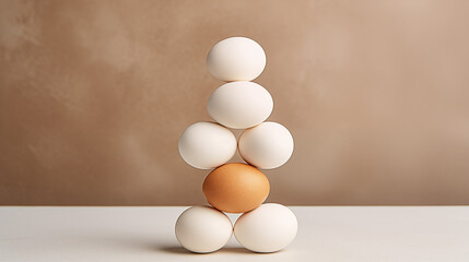 white eggs and brown eggs pile on wooden background