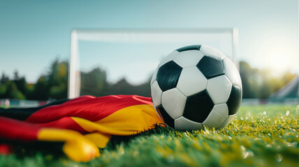 Naklejka premium Soccer ball and a german flag on the lawn of a football field, goal in the background, ,Germany team 2026 world cup