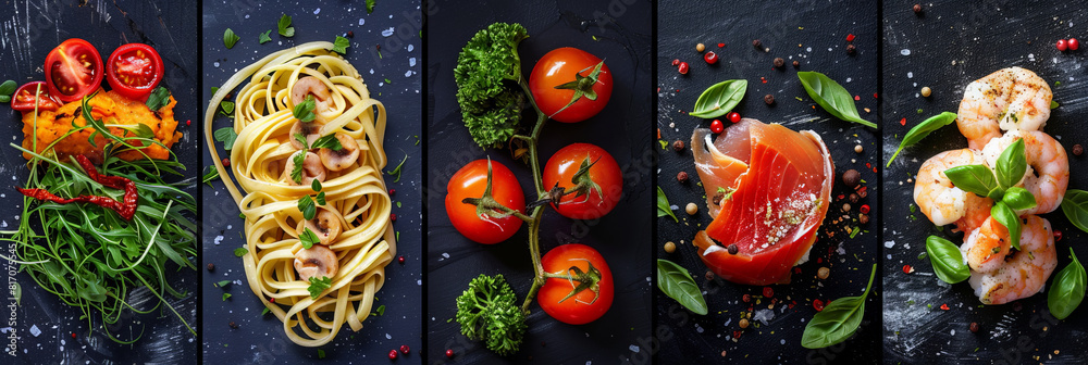 Poster a variety of different types of food items are arranged neatly on a dark black background. the colle