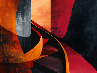 An abstract digital artwork featuring bold, curved shapes in red, orange, black, and gray. The composition is layered and textured