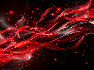An abstract digital artwork features flowing, fiery red and white streaks against a black background. The design is illuminated with bright