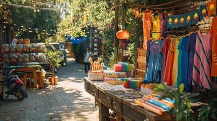 An table overflows with layered rainbow pins, totes, swimwear and more amongst greenery and string lights on a sunny sidewalk during a festival