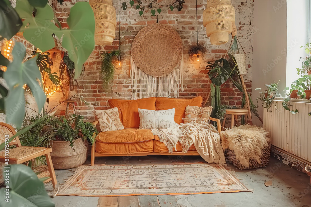 Wall mural A cozy living room featuring a comfortable couch surrounded by lush green plants