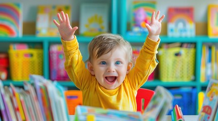 A joyful toddler in a colorful classroom, surrounded by books and learning materials, arms raised...