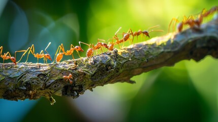 Close-up of a line of ants marching along a tree branch, showcasing their organized and cooperative behavior.