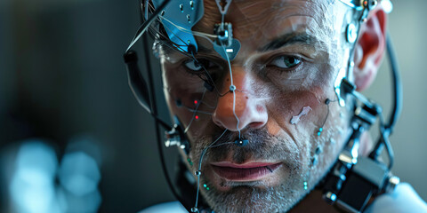 His body is a canvas of tech, from the neural link in his temple to the chips embedded under his skin. He's a walking, talking reminder of humanity's ever-evolving relationship with technology