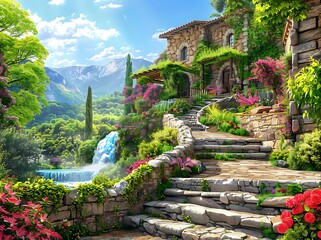 A beautiful fantasy medieval village with stone stairs, waterfalls and lush greenery