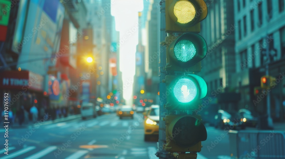 Poster close-up of a traffic light turning green, with a bustling city intersection in the background on a 
