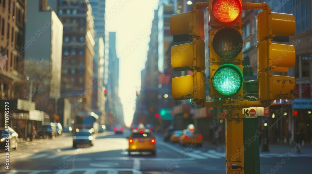 Poster close-up of a traffic light turning green, with a bustling city intersection in the background on a 
