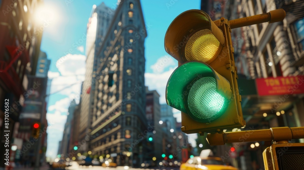Poster close-up of a traffic light turning green, with a bustling city intersection in the background on a 