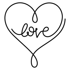 Word love in heart one line art drawing
