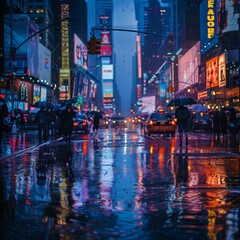 Photograph of a New York cityscape during a rainy evening, the city lights reflecting off the wet street