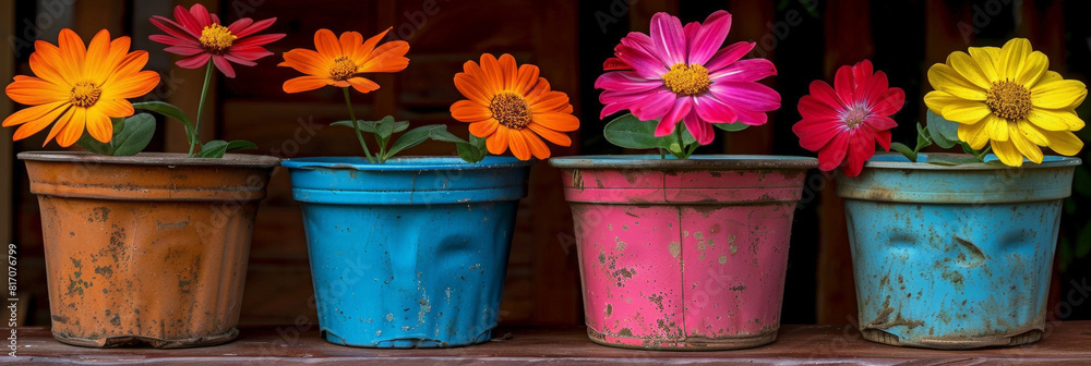 Poster a row of vibrant pots lined up neatly, each filled with blooming flowers of various colors. the pots