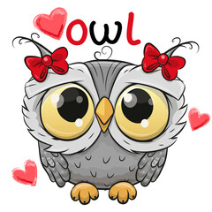 Cartoon Owl with bows on a white background