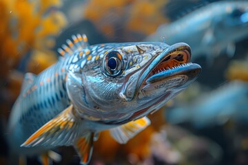 Fototapeta premium Barracuda fish with sharp teeth, representing predatory marine species. 
