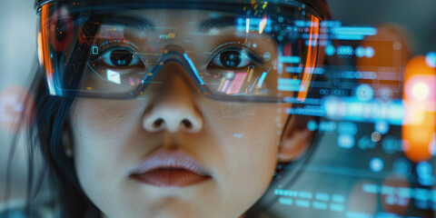 Her augmented reality interface blurs with information overload, but she remains focused, a prodigy of the digital age.