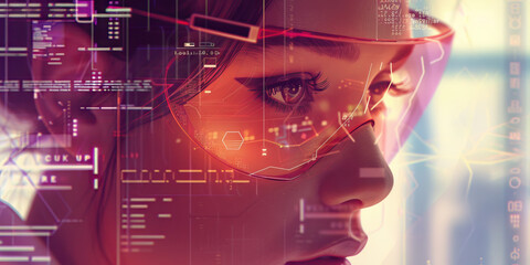 Her augmented reality interface blurs with information overload, but she remains focused, a prodigy of the digital age.
