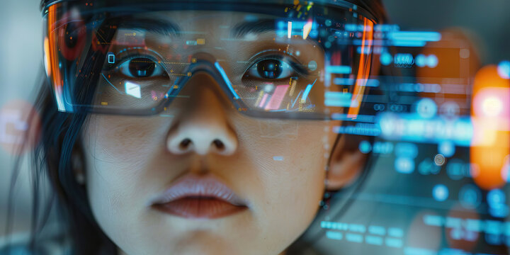 Her augmented reality interface blurs with information overload, but she remains focused, a prodigy of the digital age.