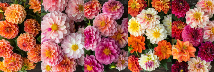 A close-up view of a variety of dahlia blooms in full bloom during the summer