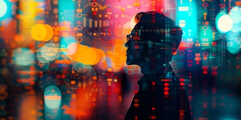 Silhouette of a businessman overlaid with vibrant stock market trends and data points in a double exposure style