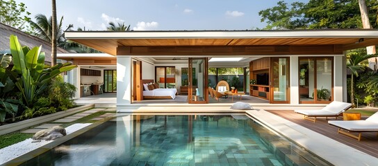 modern bungalow with pool on tropical island, modern wooden house interior design with white walls and wood accents