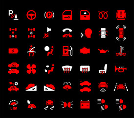 Car dashboard panel icons, symbols warning light indicators, vector illustration.