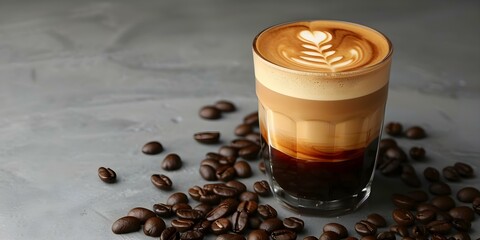 Overhead view of a stylish double espresso shot with crema on gray background. Concept Espresso, Coffee, Crema, Overhead view, Gray background