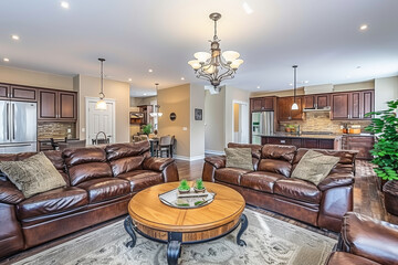 A view of a living room featuring brown leather furniture and a coffee table, creating a warm and inviting space for relaxation and socializing