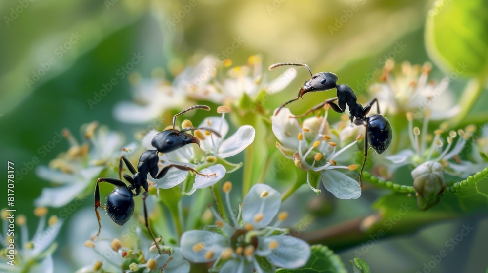 Poster close-up of ants on a flowering plant, collecting nectar and interacting with the ecosystem.
