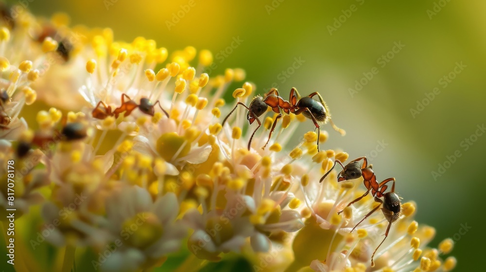 Poster close-up of ants on a flowering plant, collecting nectar and interacting with the ecosystem.