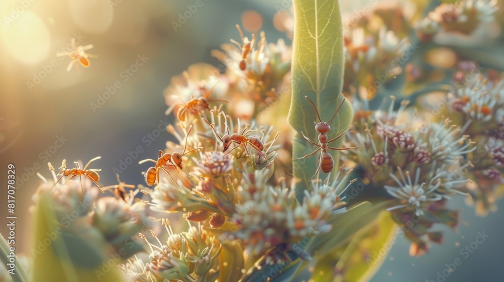 Poster close-up of ants on a flowering plant, collecting nectar and interacting with the ecosystem.