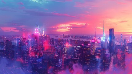 Fototapeta premium A sweeping cityscape with buildings illuminated in the colors of the Pride flag, watercolor, twilight ambiance