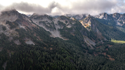 Drone view of lake and mountains in Washington