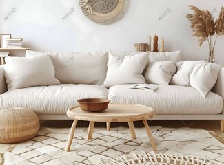 Beige sofa in the middle of the living room with a wooden table, carpet and elegant personal accessories
