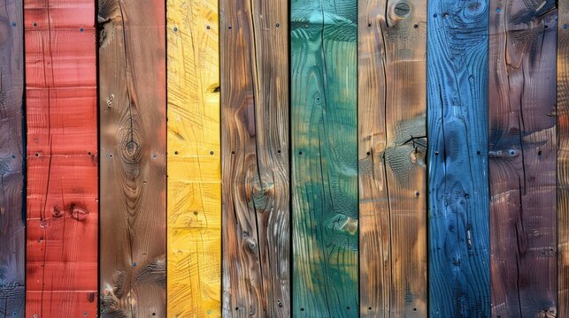 A weathered wooden fence with horizontal rainbow stripes, conveying a rustic and inclusive pride theme