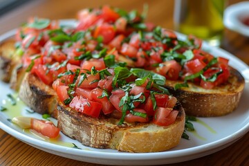 Bruschetta: Toasted bread topped with diced tomatoes, fresh basil, garlic, and a drizzle of olive oil. The colors should be vibrant and fresh.