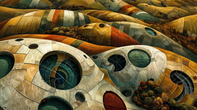 An aerial view of a sustainable agricultural farm with crop circles and greenhouses, surrealistic style, vibrant earth tones